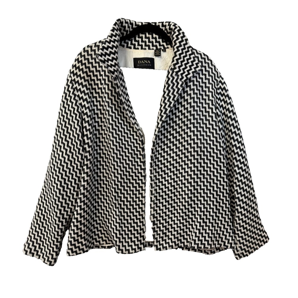 Dana Buchman Womens Black White Chevron Zig Zag Open Front Knit Jacket Size 16
